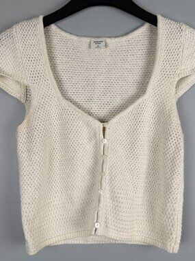 Abercrombie & Fitch Cream Knit Button-Front Short Sleeve Top